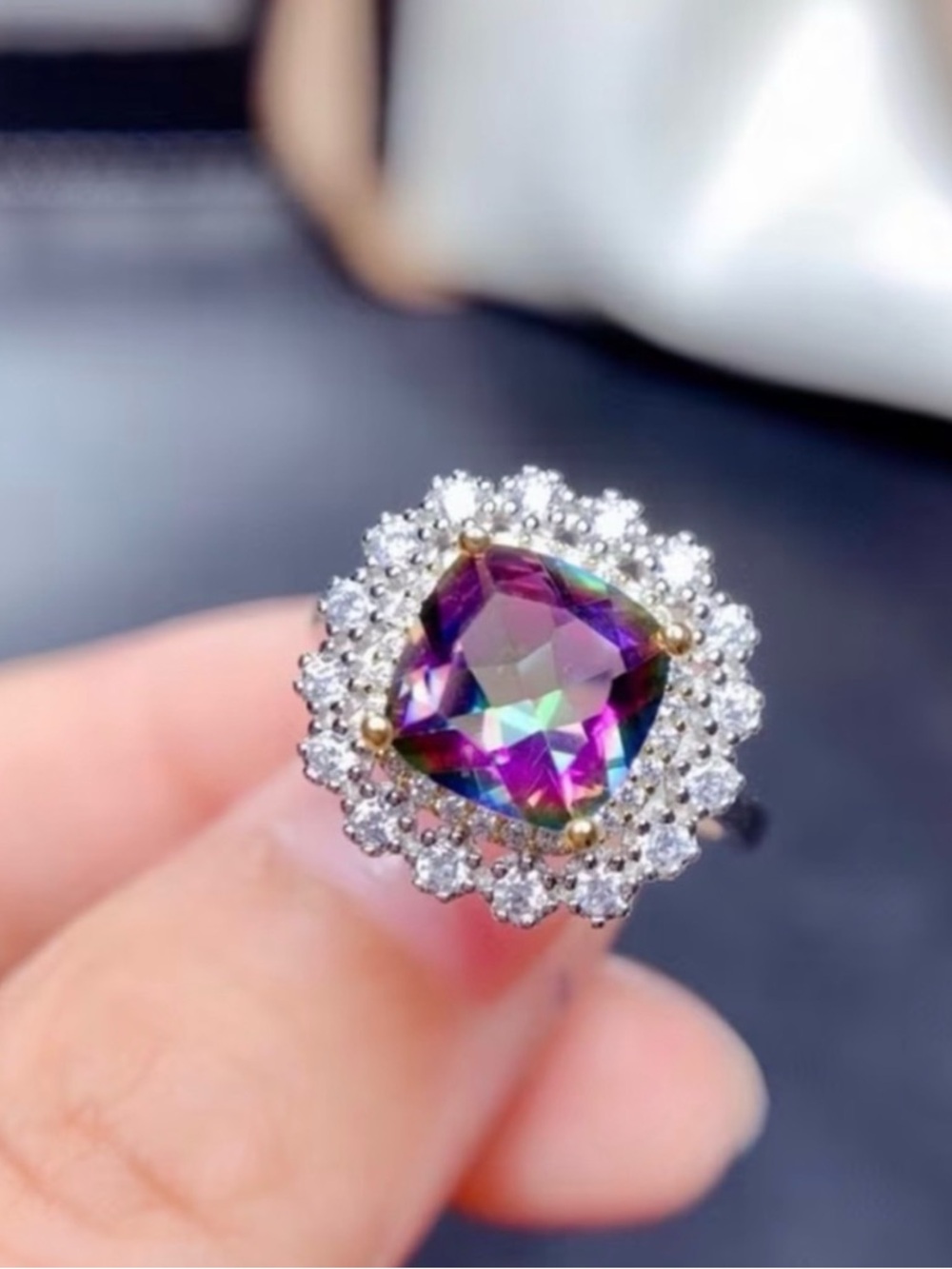 Silver Rhinestone Ring with Mystic Halo Center